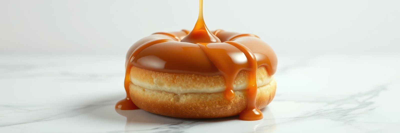 Delicious donut covered in caramel sauce on a marble surface, showcasing an indulgent treat perfect for dessert lovers